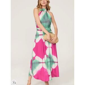 Busayo Tie Dye Halter Maxi Dress SMALL Wedding Guest Vacation Pink Designer $415